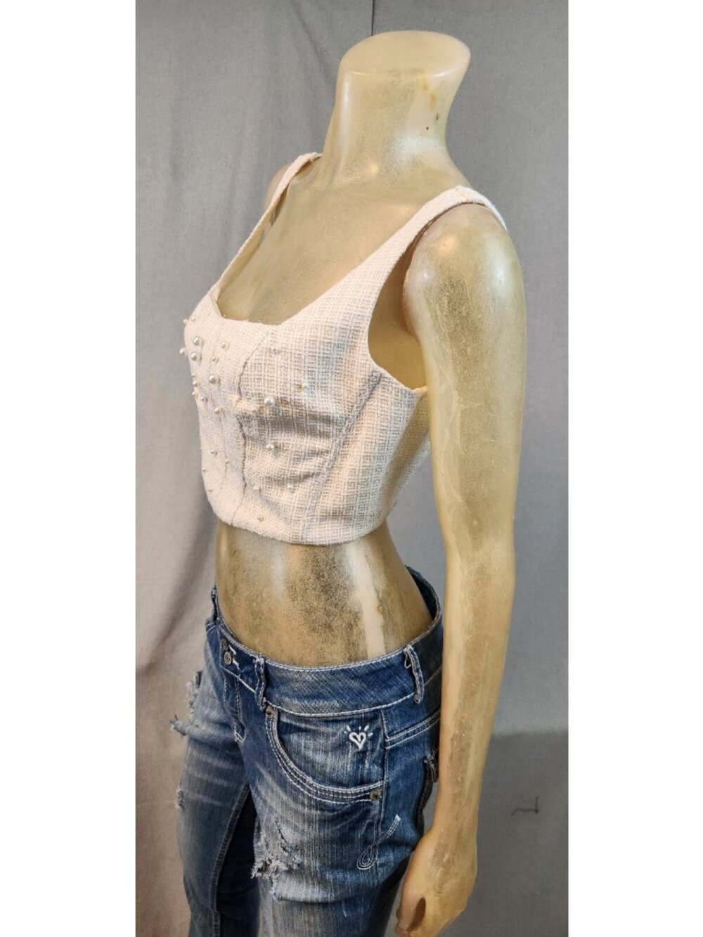 Altar'D State Ivory Cropped Beaded Tank Top Cami Camisole LARGE Womens NEW - Picture 5 of 7